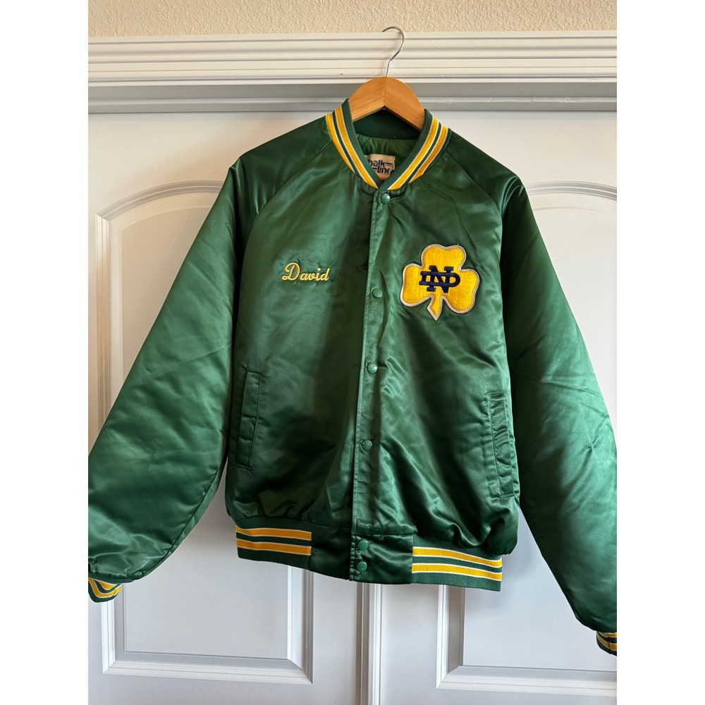 Vintage Chalk Line Notre Dame Satin Bomber Jacket Mens XL Green Varsity 80s USA